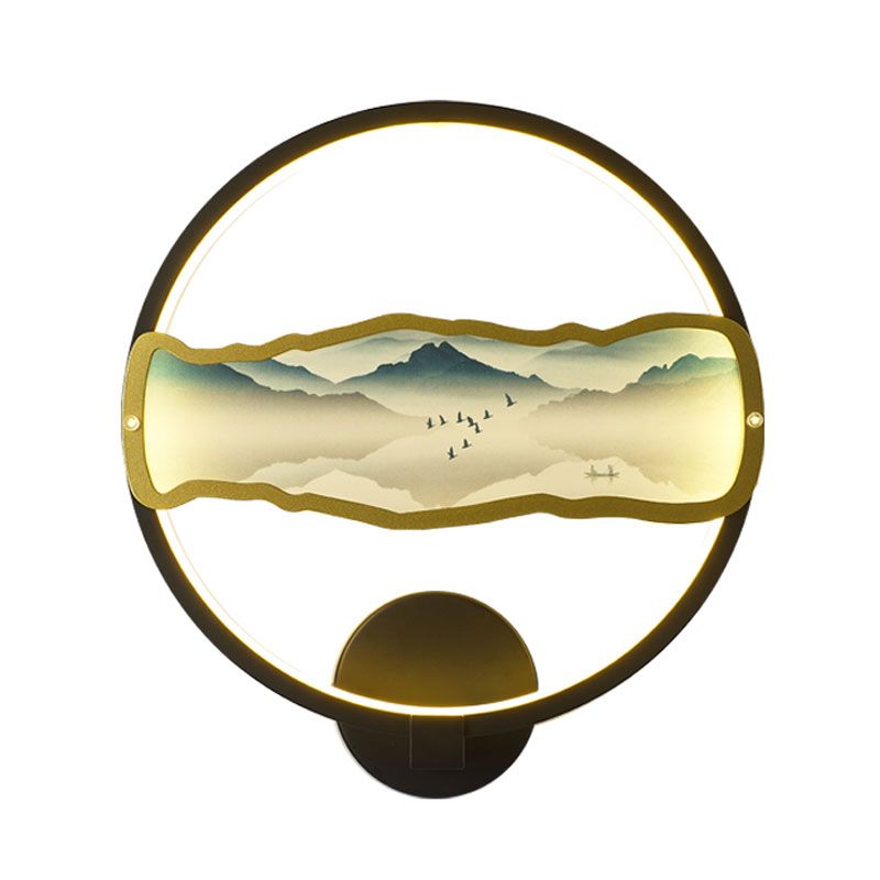 Black Circular Mountain à motifs muraux Murale Light Asie Style LED Éclairage mural métallique, lumière chaude / blanche