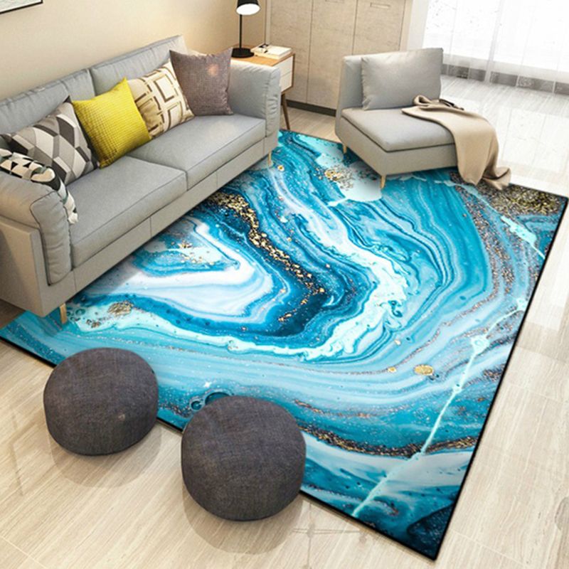 Blue Watercolor Printed Rug Creative Abstract Art Carpet Polyester Washable Rug for Living Room