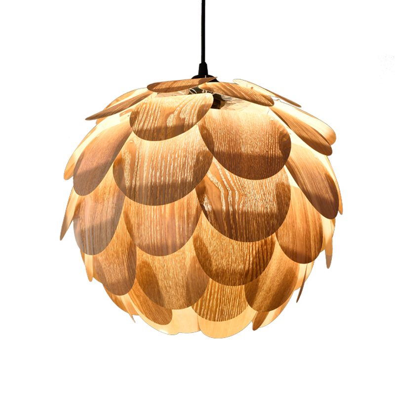 Beige Pinecone Pendant Light Fixture Asian 1 Light Wooden Hanging Lamp for Guest Room