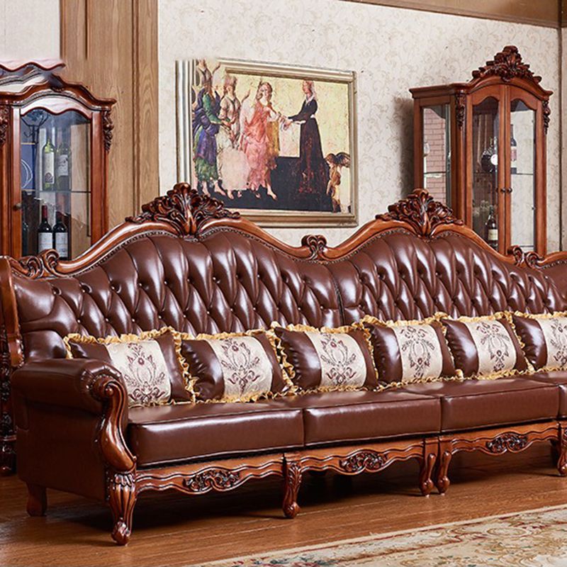 Ornate Traditional Tufted Split-Back Seating Flared Arm Sofa with Pillows in Brown