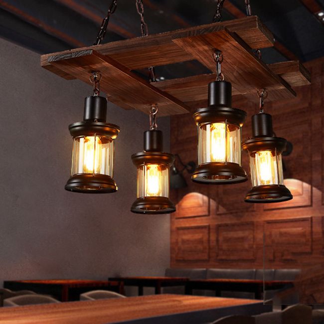 Cylinder Shape Island Lamps Industrial Style Wood 4 Lights Island Light in Brown