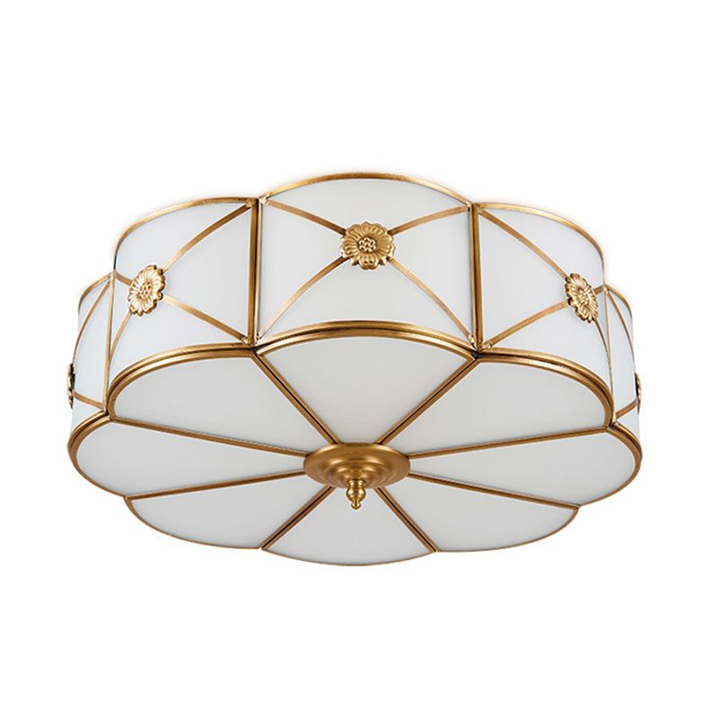 White Frosted Glass Drum Ceiling Light Traditional Rustic Style Brass Lighting Fixture for Bedroom Living Room
