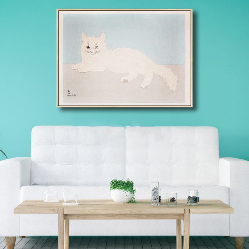 White Cat Wall Art Print Kids Lovely Painting Animal Canvas in Blue for Baby Room