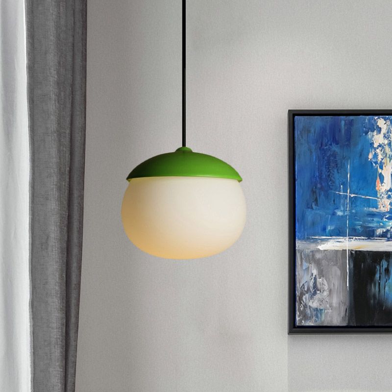 Nut Shape Pendant Lighting Modern White Glass 1-Light Green Hanging Lamp for Restaurant