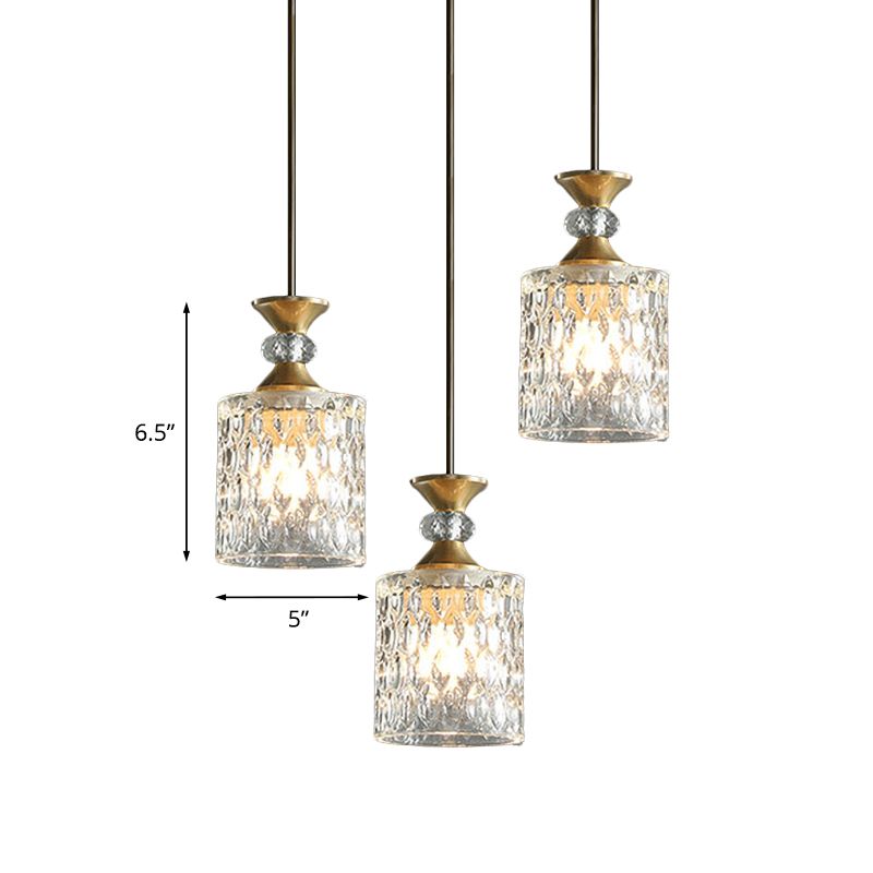 Cylindrical Crystal Cluster Pendant Light Luxurious 3 Lights Restaurant Down Lighting in Gold