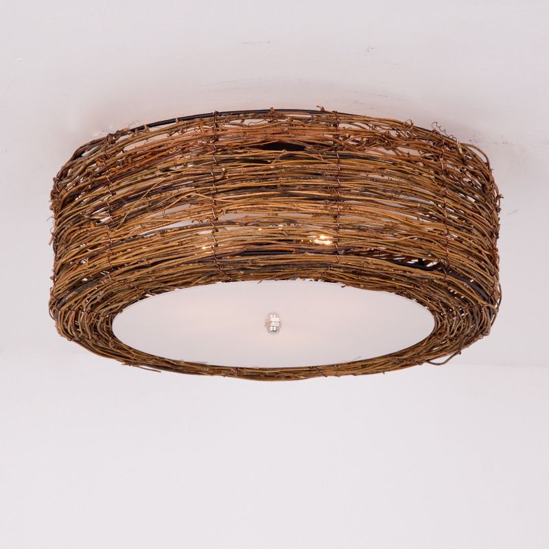 Rattan Rustic Flush Mount Ceiling Light Fixtures 1 Light Drum Flush Ceiling Light Fixture for Bedroom