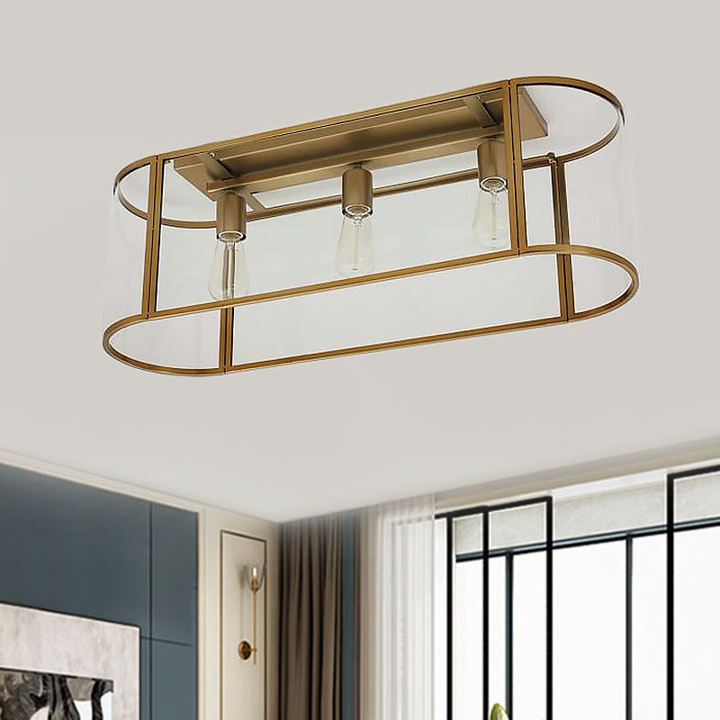 3 Heads Flush Light Warehouse Corridor Metal Flush Mount Lighting with Oval Clear Glass Shade in Black/Gold