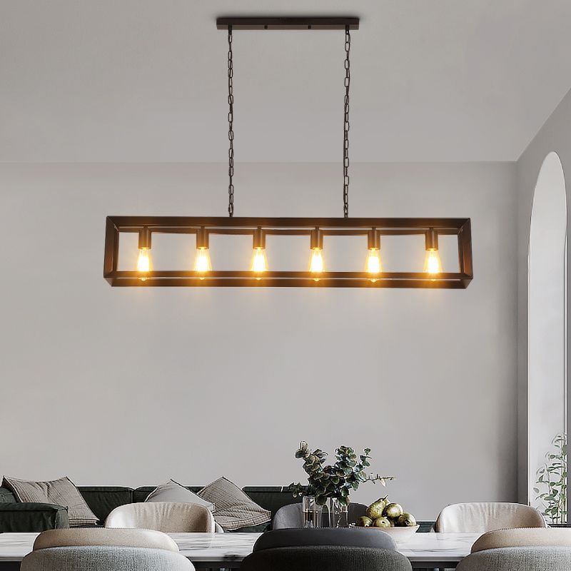 Industrial Style Rectangular Island Pendant Light Metallic Ceiling Light Fixture in Black