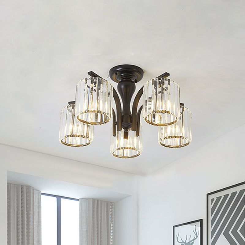 Lámpara cilíndrica de montaje semiempotrado con pantalla de cristal, metal nórdico, 3/5 luces, lámpara de techo negra