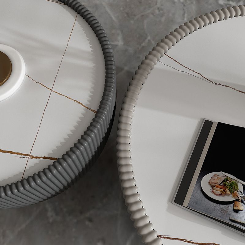 Luxurious Slate Round Pedestal Coffee Cocktail Table in White and Gray