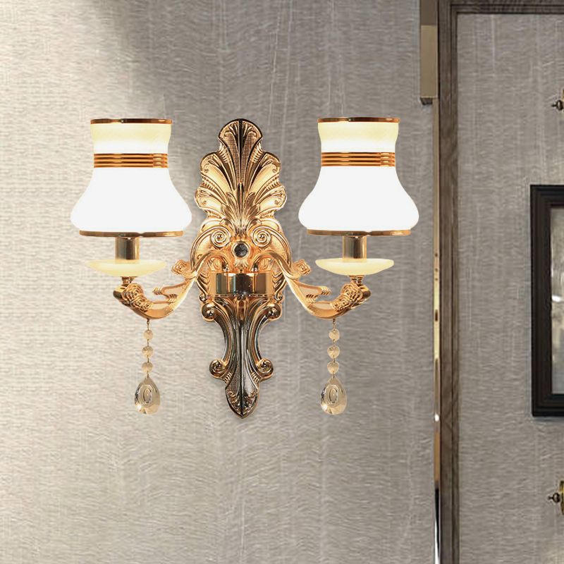 Gold 2 Lights Sconce Lamp Traditional Frosted Glass Beaker Shaped Wall Mounted Lighting Fixture