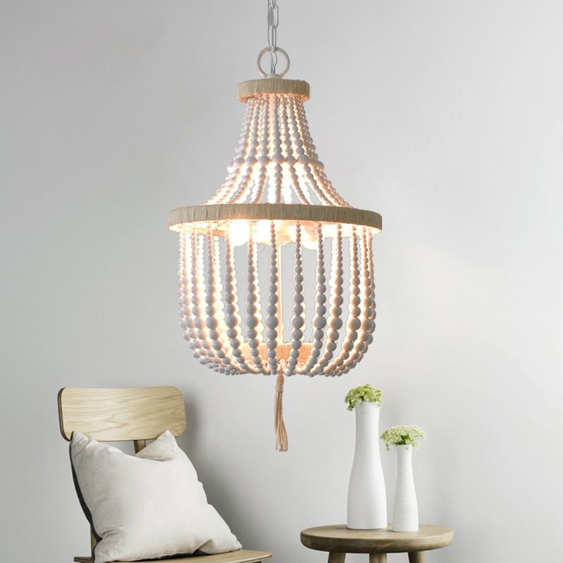 Rural Beaded Basket Chandelier Lamp 2-Head Wood Pendant Light Fixture for Restaurant