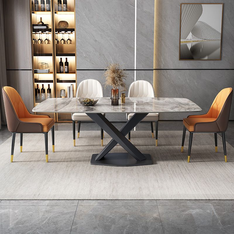 Modern Rectangular Grey Stone Top Dining Table with Black Pedestal Base