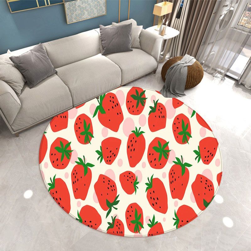 Round Strawberry Print Carpet Polyester Natural Rug Stain Resistant Area Carpet for Home Decoration