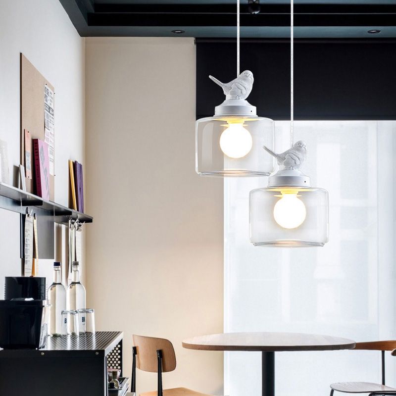 Drum Pendant Lighting Modern Clear Glass 1-Light White Hanging Light with Resin Bird Decor