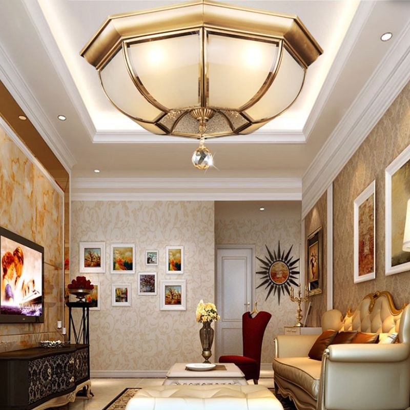 Flush Mount Ceiling Light Vintage Style Shaded Glass Flush Ceiling Light in Brass