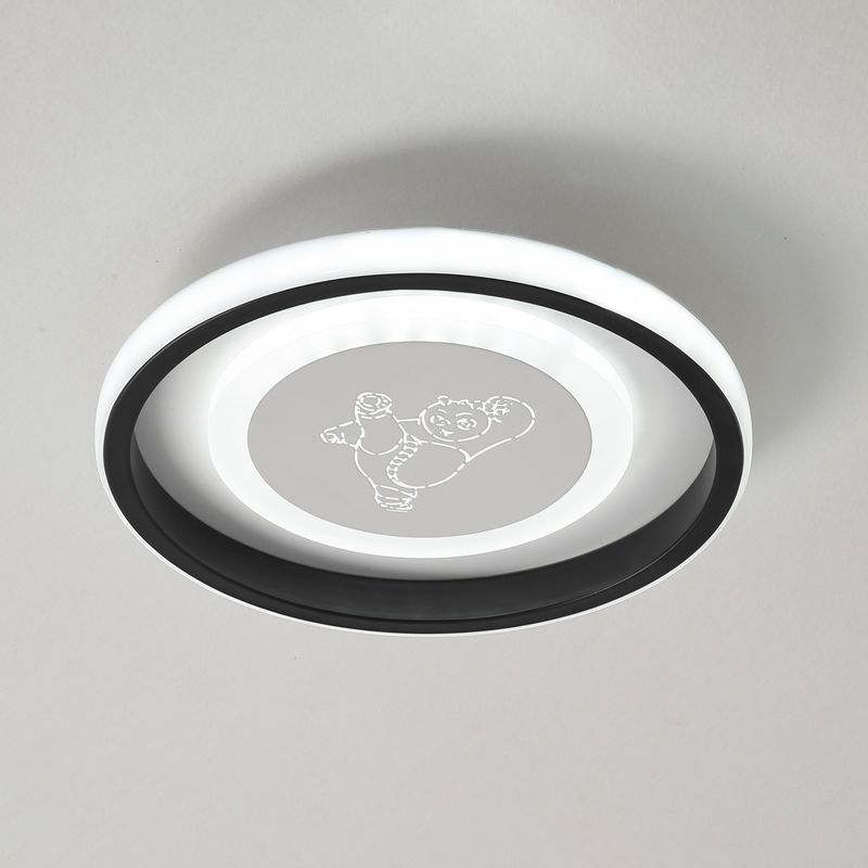 Circular LED Flush Light Fixture Cartoon Acrylic Black Ceiling Mount Lamp with Smile/Anchor/Panda Pattern