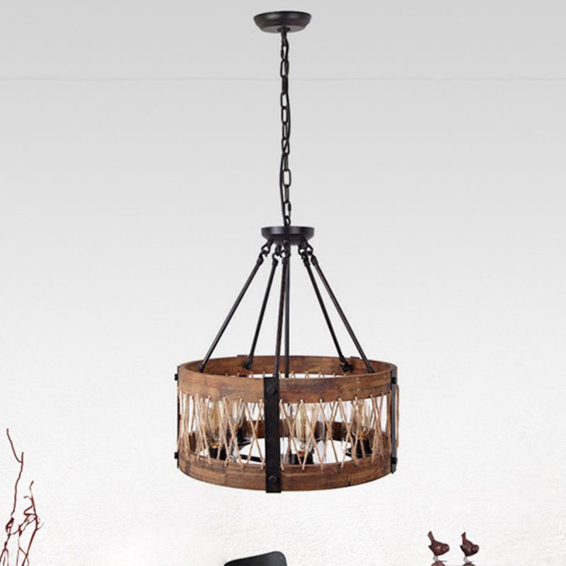 Lustre en métal à 5 lumière luminaire rétro en corde noire rétro en bois à tambour en bois