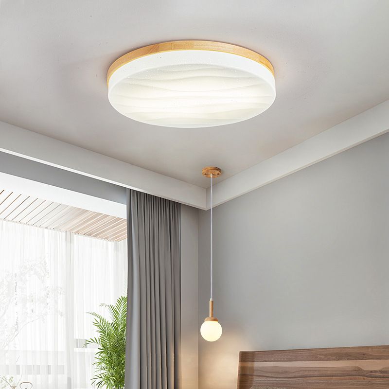 1-Light Round Flush Light Fixtures Modern Style Wood Flush Mount Lighting