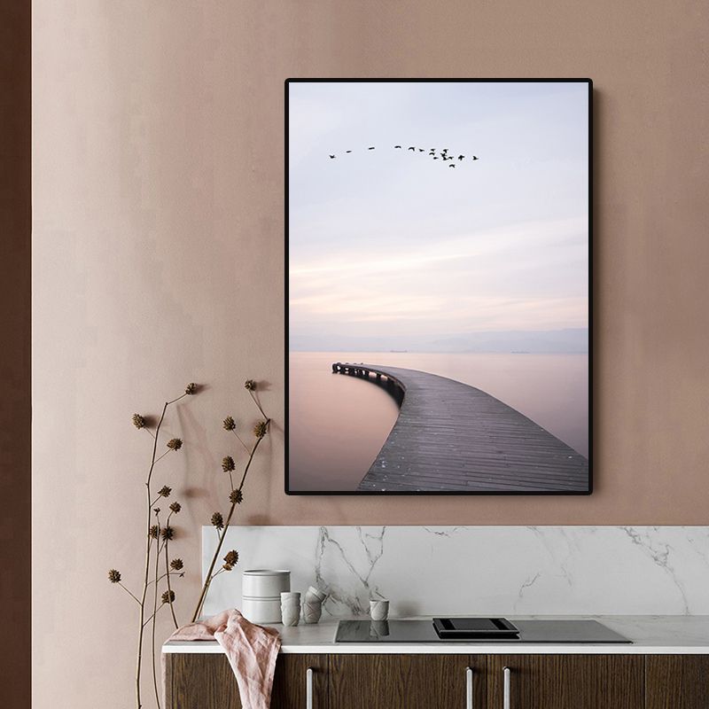 Brown Minimalist Wall Art Photo River Curved Bridge View Canvas Print for Bedroom
