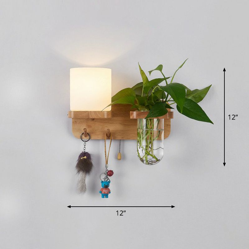 Cream Glass Geometric Wall Sconce Art Deco 1 Head Wall Mounted Light with Plant Container and Wooden Shelf