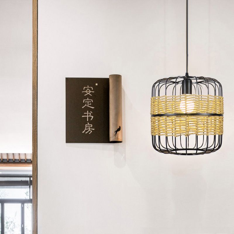 Cylinder Metal Cage Lampe suspendue Corde de paille moderne 1 Light Beige Drop Plafond Light For Bedroom Restaurant