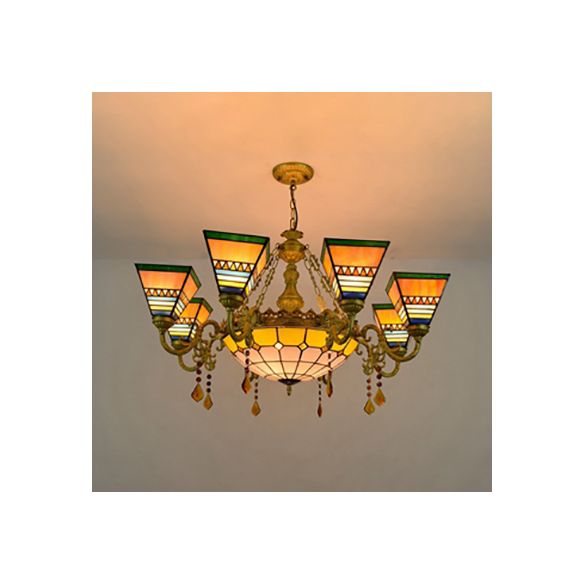 Stained Glass Pyramid Suspension Light Rustic 9 Lights Chandelier with Crystal in Yellow for Bedroom