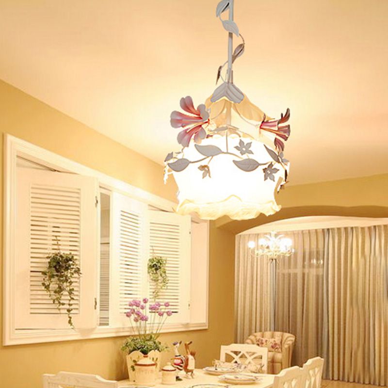 Pink Scalloped Chandelier Pendant Light Pastoral White Glass 1/3 Heads Bedroom LED Ceiling Lamp