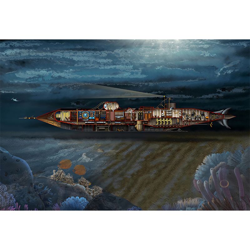 Childrens Art Submarine Wallpaper Murals for Boys Bedroom Personalized Wall Covering in Dark Color