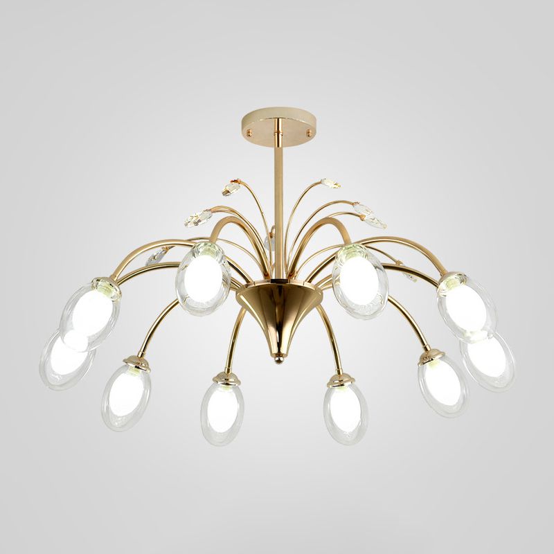 Clear Glass Egg Hanging Light Fixture Modern 10 Heads Sputnik Pendant Chandelier in Brass