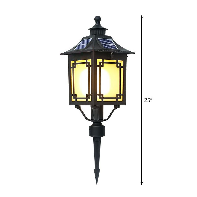 House Shaped Solar Landscape Lamp Vintage Frosted Glass Black LED Stake Light for Patio