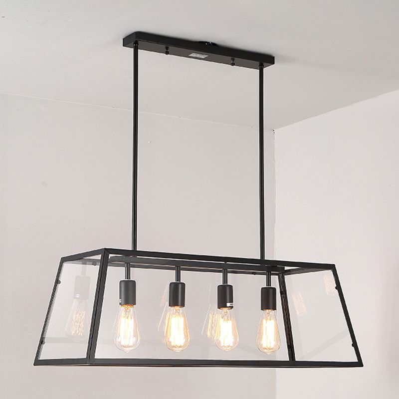 Industrial Metal Island Light Black 4 Lights Island Pendant with Glass for Dining Room