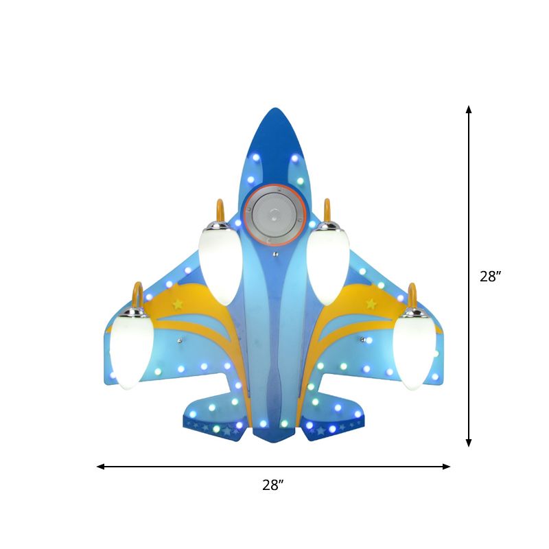 Jet Close to Ceiling Lighting Fixture Cartoon Wooden 4 Heads Bedroom Flush Light in Blue