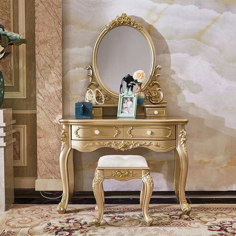 4 Drawers White/Blak/ /Golden MakeupTable Stool Set, 18.89" W x 63.77" H