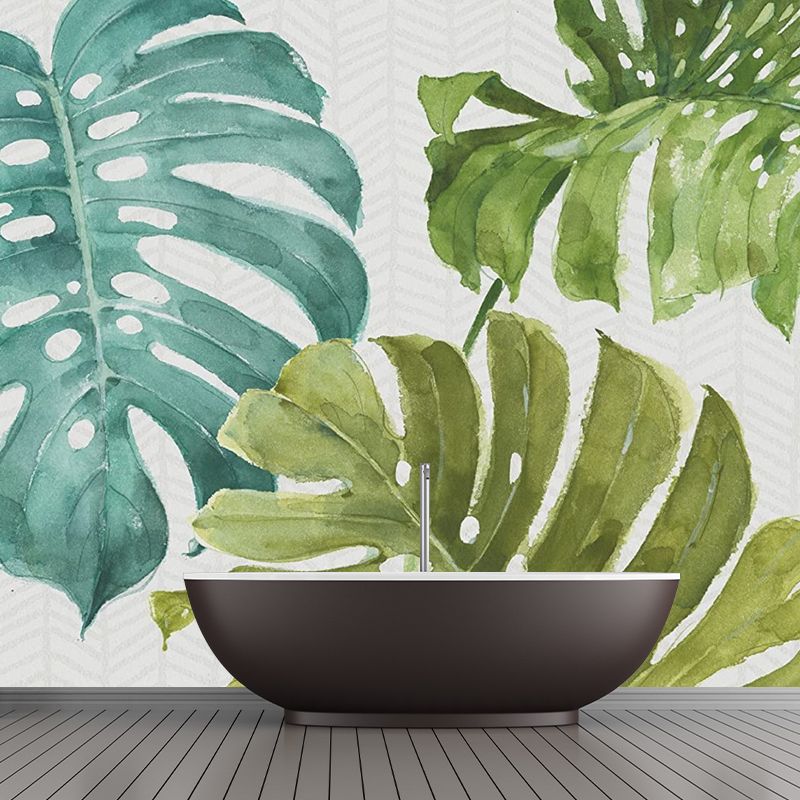 Whole Tropical Leaf Mural Wallpaper for Guest Room Green Plant Wall Covering in Green for Decor