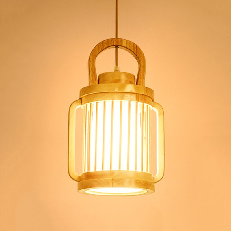 Water Jar Cage Bistro Pendant Lamp Wood Single Bulb Japanese Style Hanging Light Kit with Fabric Shade Inside