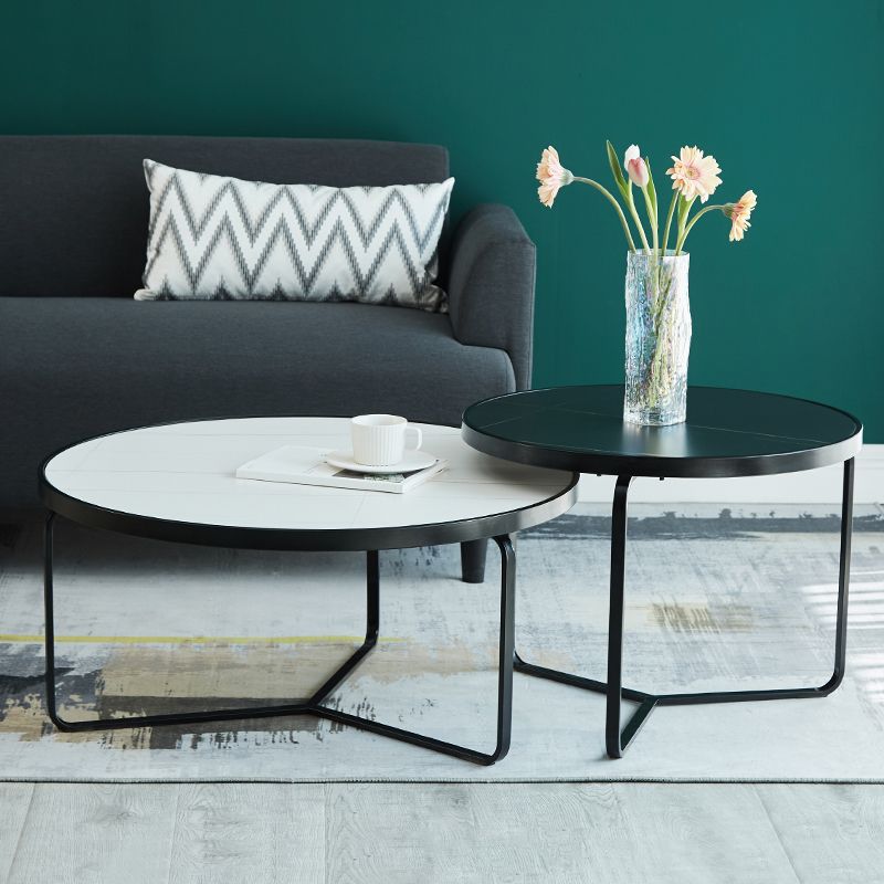 Modern Style Slate Top White/black Metal Craft Round Coffee Table