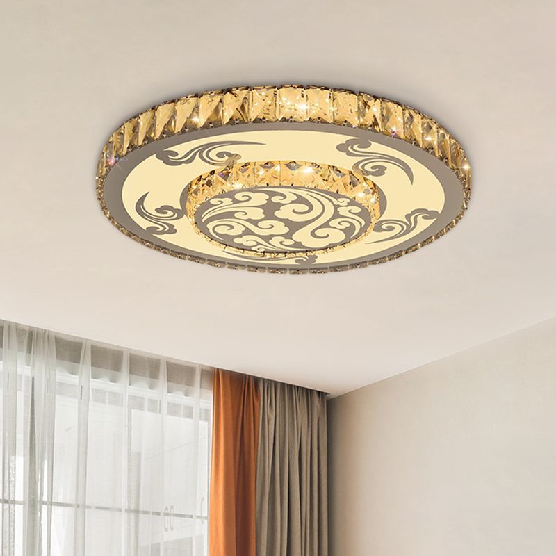 Nickel Finish 2-Tier Round Ceiling Flush Modernist Crystal Block LED Flush Mounted Light