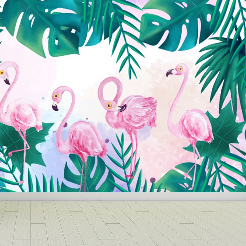 Stain Resistant Flamingos Wall Mural Non-Woven Tropical Wall Decor for Girls Room