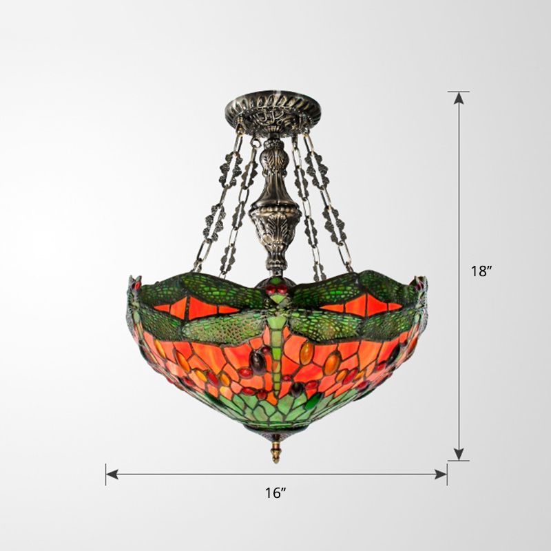 Groene 3 lichten Suspensie Lamp Tiffany gebrandschilderd glazen kom kroonluchter met libelpatroon en edelsteenachtige cabochons