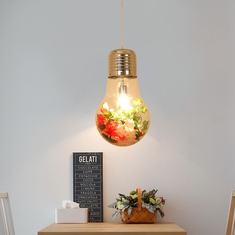 Clear Glass Bulb-Shaped Pendant Farmhouse 1 Light Restaurant Flower Ceiling Suspension Lamp, 6"/8"/11" Wide
