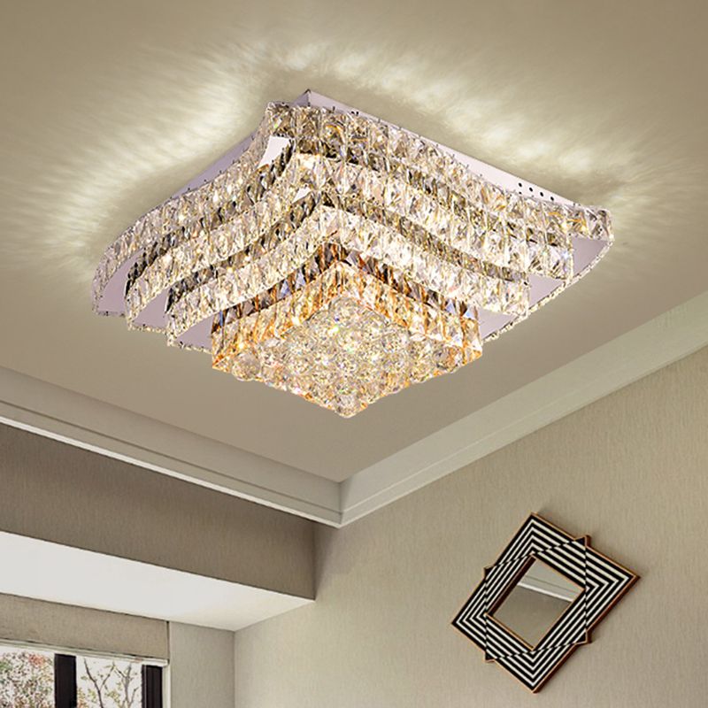 Wavy-Side Square Bedroom Flush Mount Modern Clear Crystal Blocks Stainless-Steel LED Ceiling Lighting Fixture