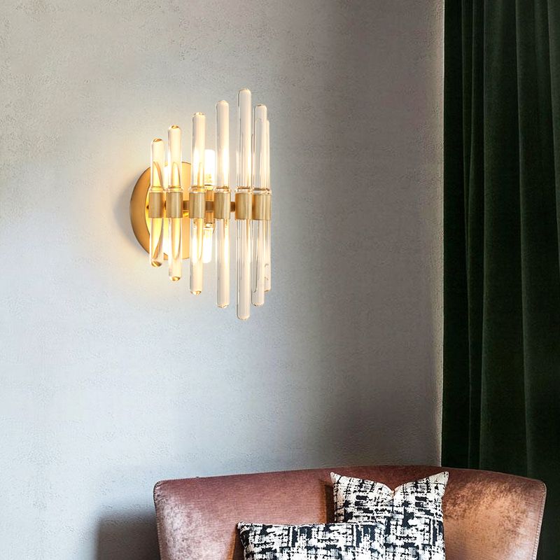 Tubular Wall Light Sconce Modern Style Clear Crystal 2 Bulbs Gold Finish Wall Sconce Light for Living Room