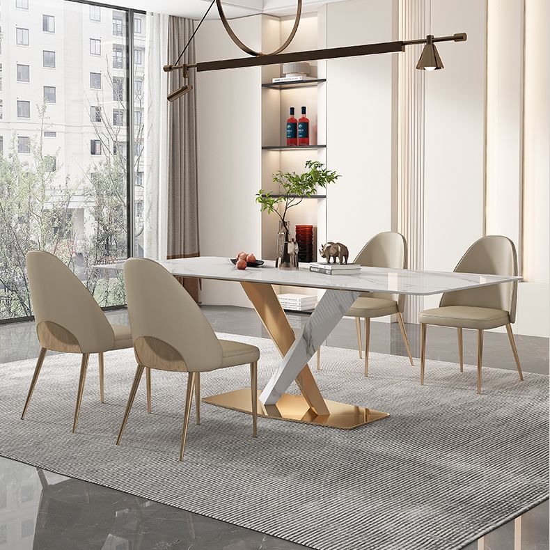 Glam White Sintered Stone Dining Table Rectangle Shape Standard Dining Table for Kitchen