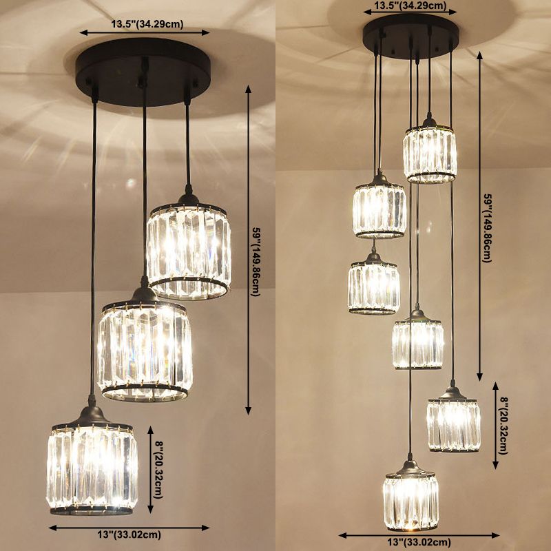 Kristallschwarzes Anhänger Licht in moderner Luxusstil Eisenzylindroid -Hängslampe für Innenräume