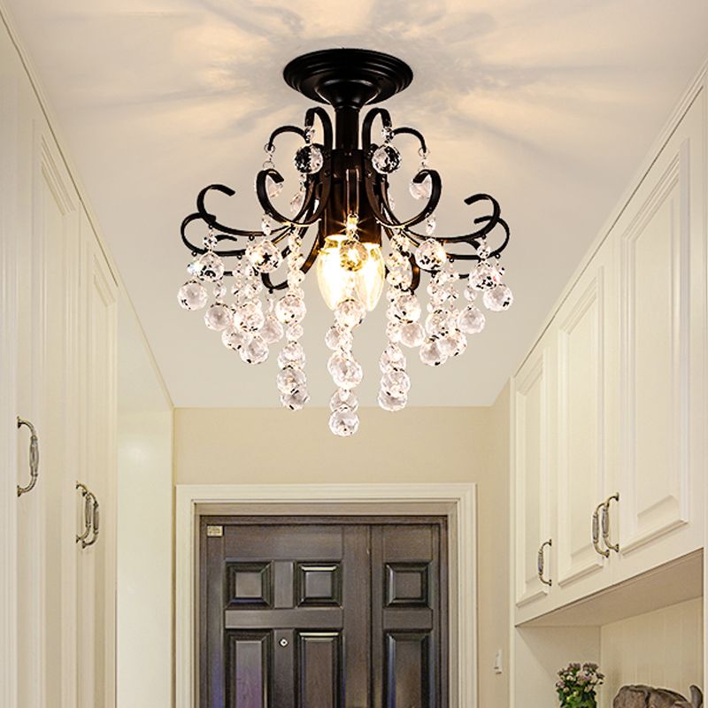 Lámpara de techo con brazo curvo, bola de cristal facetada contemporánea, 3 luces, luz semiempotrada dorada/negra