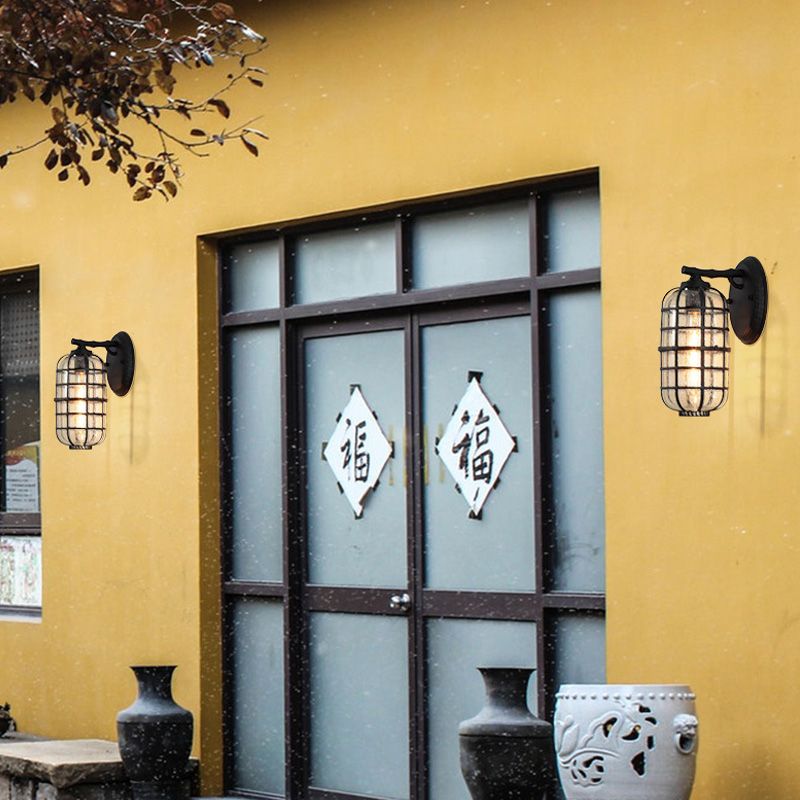 Caged Seedy Glass Wall Mounted Lamp Industrial Single Bulb Outdoor Sconce Light in Black/Bronze, 5.5"/6"/8" Wide