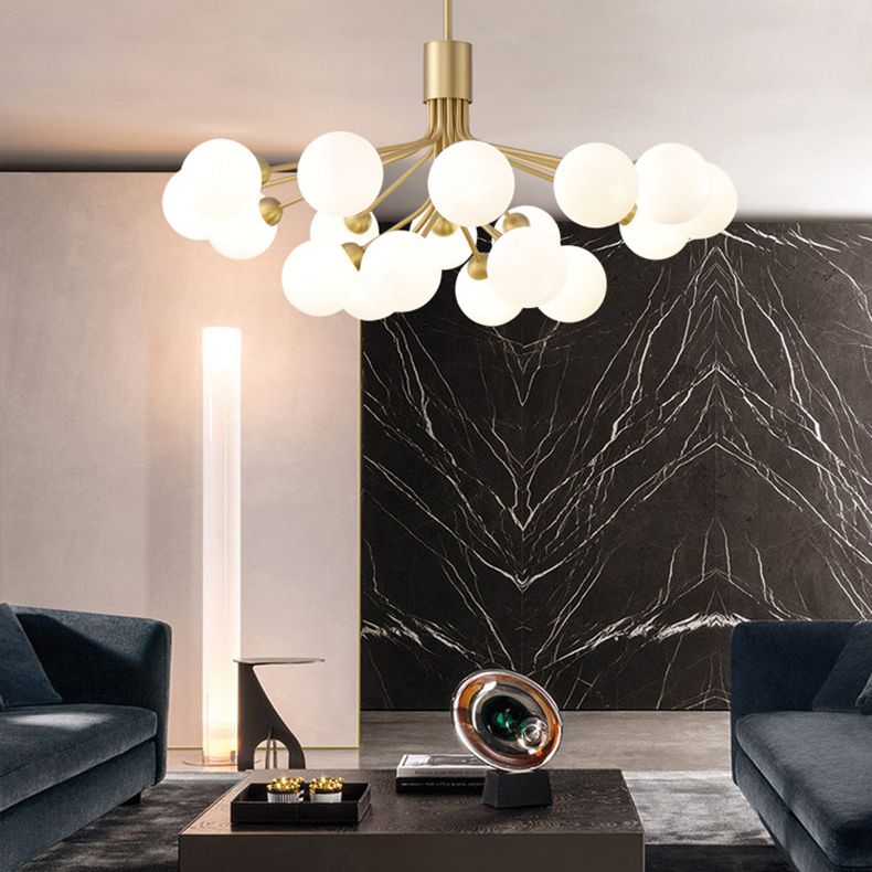 Post-Modern Starburst Hanging Chandelier Light Opal Glass Shade Ceiling Chandelier in Gold for Living Room