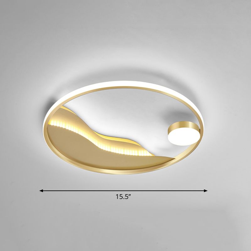 Minimalistic Abstract Art Round Flush Mount Metal Bedroom LED Ceiling Light in Gold