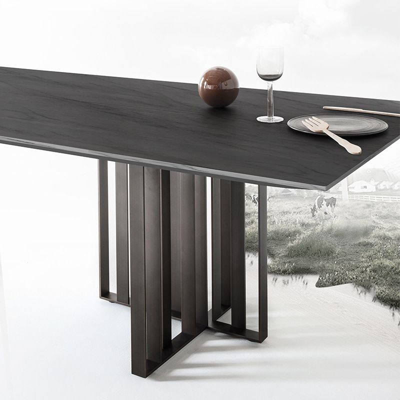 Mesa de comedor industrial de piedra sinterizada Mesa rectangular con pedestal doble de metal